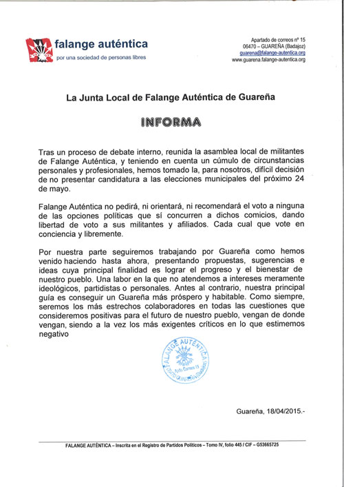 Comunicado de Falange Auténtica de Guareña